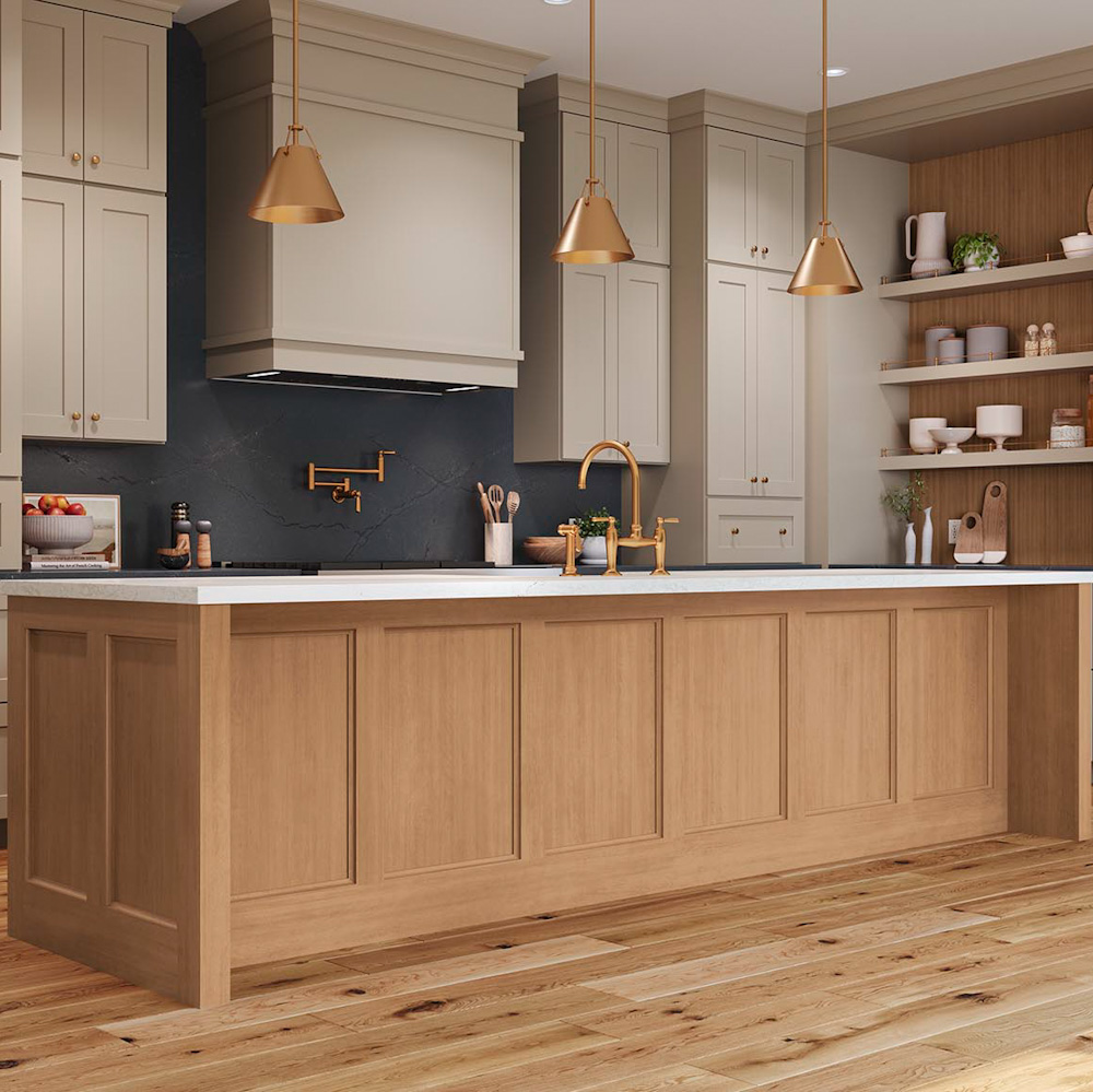 Decorative island with transitional paneling