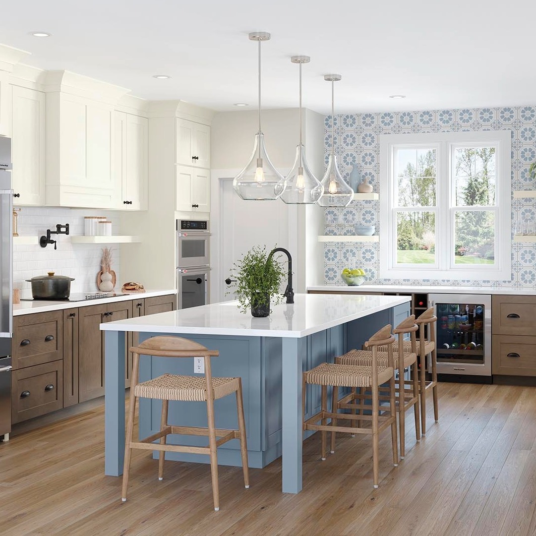 A kitchen island featuring basic square legs