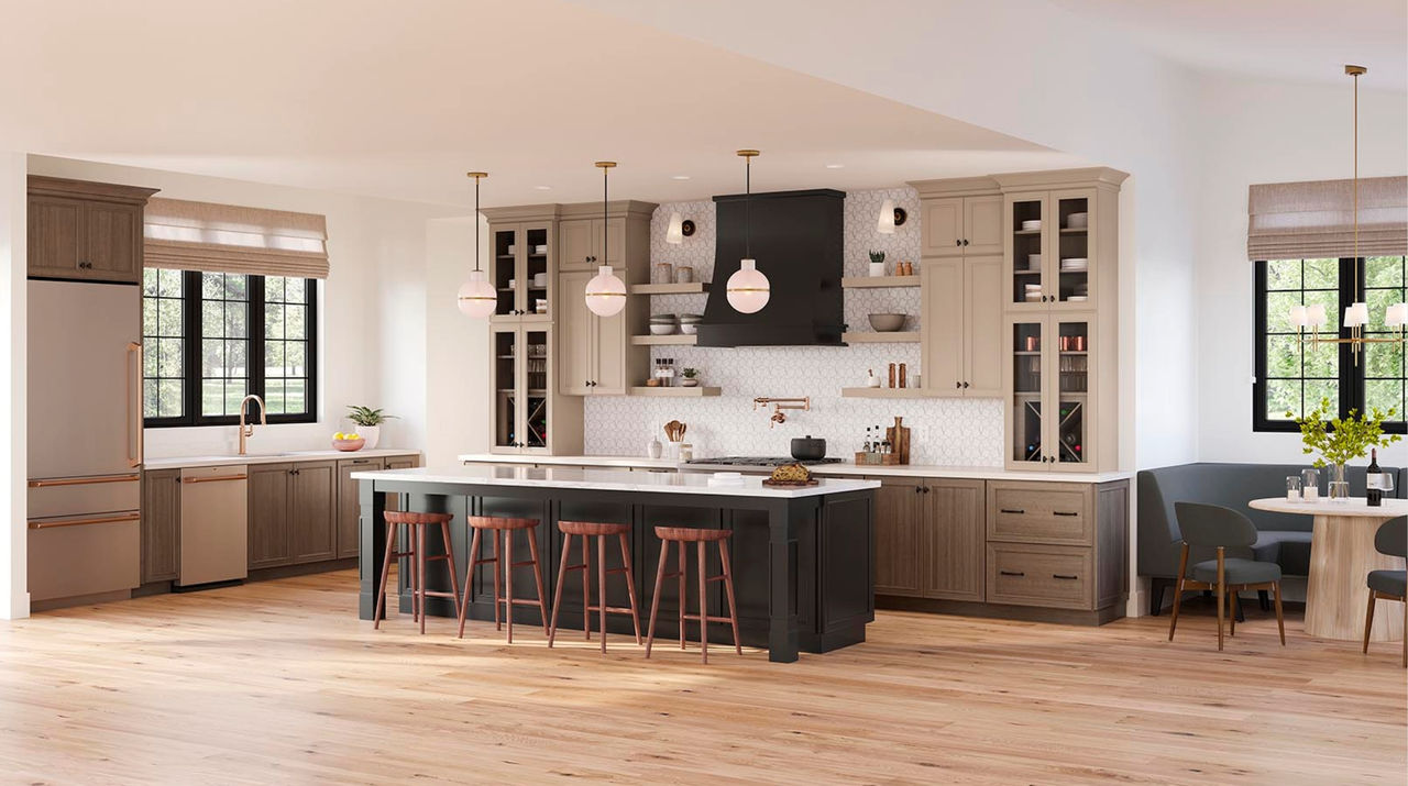 light wood and painted black tri-toned kitchen cabinetry 